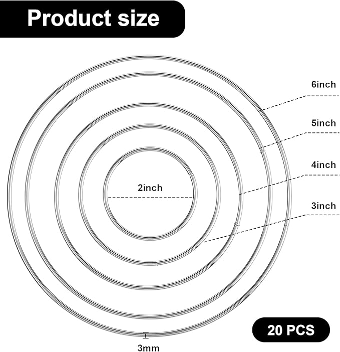 Patelai 20 Pcs Metal Rings for Crafts Dream Catcher Rings, Macrame Hoops for DIY, 5 Sizes Metal Floral Hoop for Floral Macrame Wall Hanging Dream Catcher and Crafts (Silver)