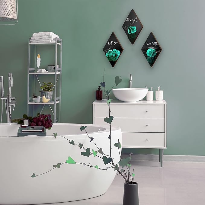 3 Pcs Teal Wall Decor Teal Rose Bathroom Decor Farmhouse Turquoise Bathroom Inspirational Wood Office Wall Art with Accept Let Go Have Faith Sign for Girl Women Living Room Bedroom(12x7 Inch)