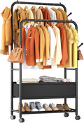 Furologee Clothing Racks for Hanging Clothes, Portable Rolling Garment Rack, Sturdy Metal Freestanding Clothes Rack with Wheels, Double Rods Wardrobe Racks for Bedroom Laundry Living Room
