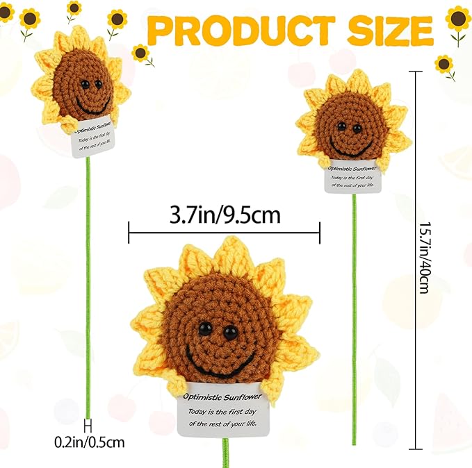 DAFURIET Mini Funny Sunflower, 3 inch Knitted Wool Doll with Optimstic Card for Cheer Up Gifts and Party Decorations, Cute Wool Sunflower Crochet Doll for Birthday Gifts