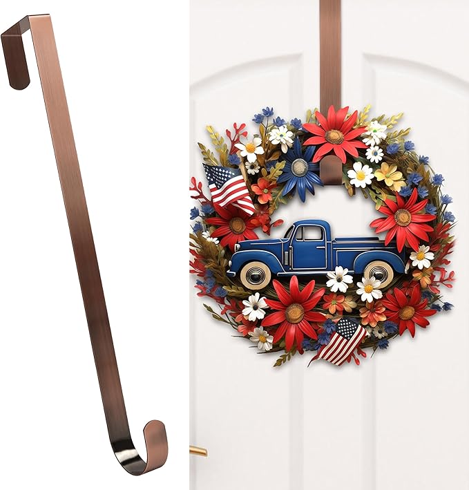 HOOSUN 4th of July Decorations Wreath Hangers for Front Door,12 Inches Metal Wreath Hook Holder for Spring Decor,20 Lbs Over The Door Wreath Hanger for Spring Patriotic Wreath Front Porch Decor