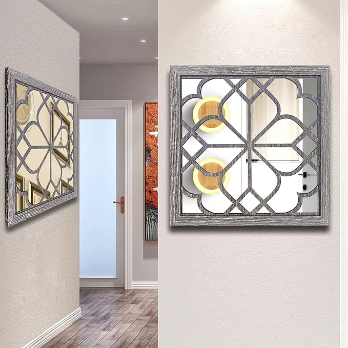 Wocred 2 PCS Square Wall Mirror,Gorgeous Rustic Farmhouse Accent Mirror,Barn Wood Color Entry Mirror for Bathroom Renovation,Bedrooms,Living Rooms and More(20”x20”)