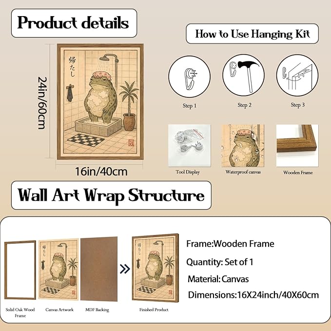 Funny Japanese Frog Bathroom Wall Art Whimsical Frog Shower Wall Decor 16x24 inch Wood Framed, Eclectic Japan Animal Bathroom Poster Painting Canvas Prints Aesthetics
