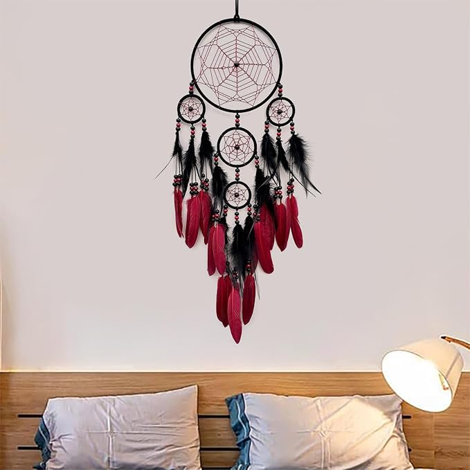 Red and Black Dream Catcher Large Dream Catchers Wall Decor Handmade Feather Dreamcatcher Wall Hanging Ornament for Bedroom Living Room Home Decor