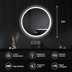 DUMOS 28 Inch Round LED Bathroom Mirror with Lights, Circle Vanity Mirror with Anti-Fog, Dimmable, 3-Color Light, Front Light and Backlit, Memory Function, Tempered Glass
