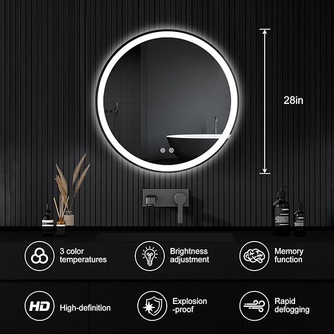 DUMOS 28 Inch Round LED Bathroom Mirror with Lights, Circle Vanity Mirror with Anti-Fog, Dimmable, 3-Color Light, Front Light and Backlit, Memory Function, Tempered Glass