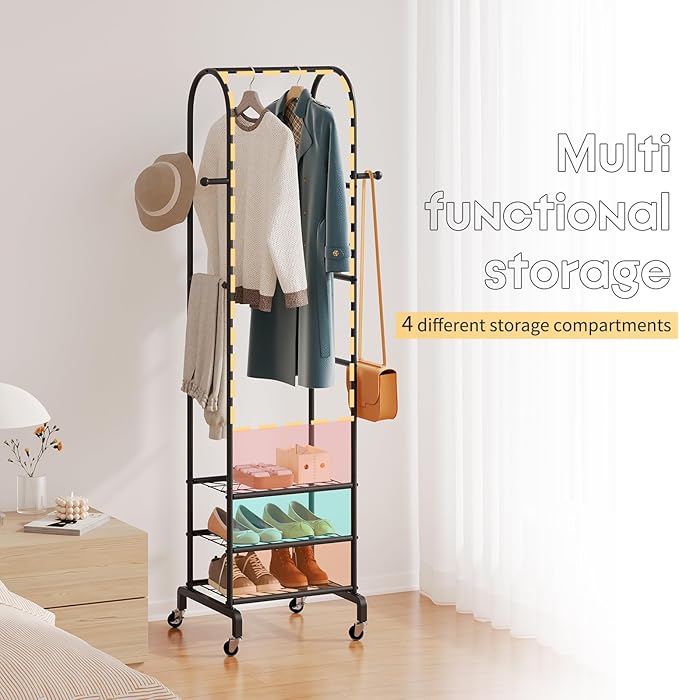Garment Rack with Wheels,Small Metal Coat Rack With 4 Hooks,Freestanding Heavy Duty Clothing Rack with Shoe Shelves,Hanging Rod for Small Space,Bedroom,Entryway, Office, Living Room (Black)