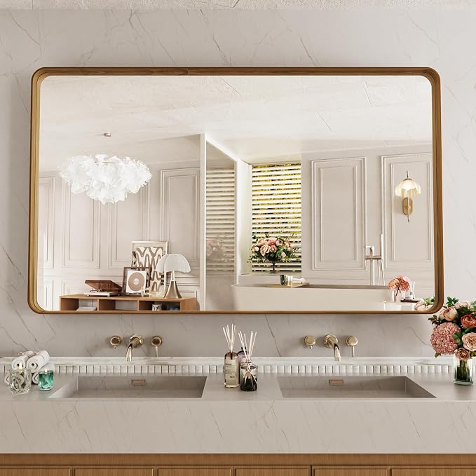 LOAAO 60X30 Inch Bathroom Mirror with Wood Grain Colored Metal Frame, Rounded Rectangle Metal Framed Bathroom Mirror, Anti-Rust, Hangs Horizontally or Vertically, Tempered Glass