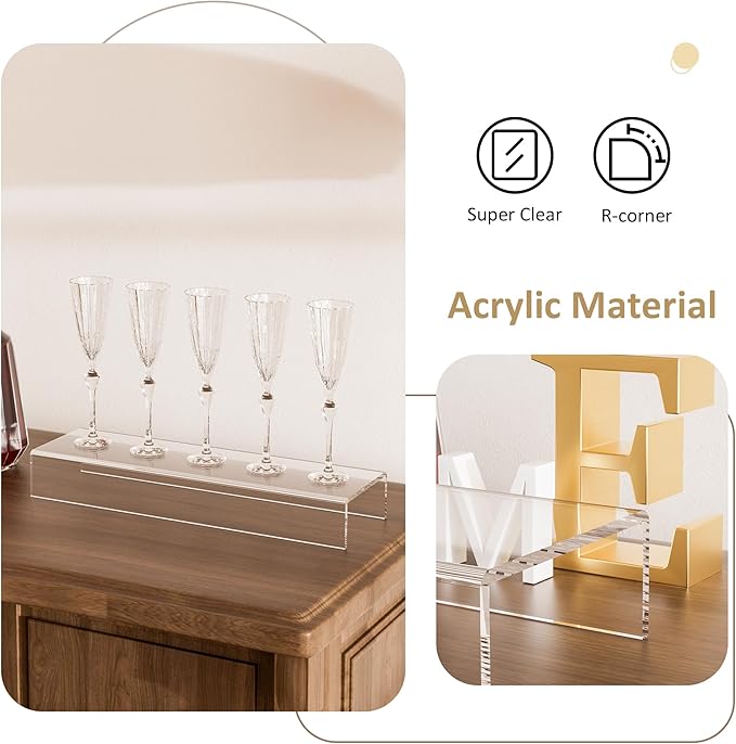 Acrylic Shelf Riser 15x4.3x2 pack of 2, Clear Display Shelf 10” for Figure, Cosmetics, Bags, Shoes, Toys, Collectibles, 15x4.3x2 Inch