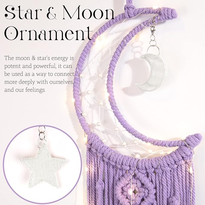 Macrame Moon Dream Catcher for Girl, Purple Boho Crescent Dreamcatcher for Bedroom, Handmade Nursery Room Wall Hanging with Star Pendant for Teen Boy, Bohemian Home Decoration Idea