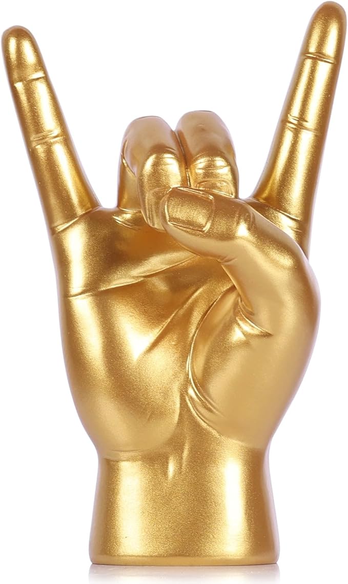 QIANLING 7.7" Gold Rock On Hand Statue, Modern Hand Gesture Sculpture, Rock Music Room Decor, Heavy Metal Party Accent Tabletop Figurine for Desk, Bookshelf, Mantel & Home Office