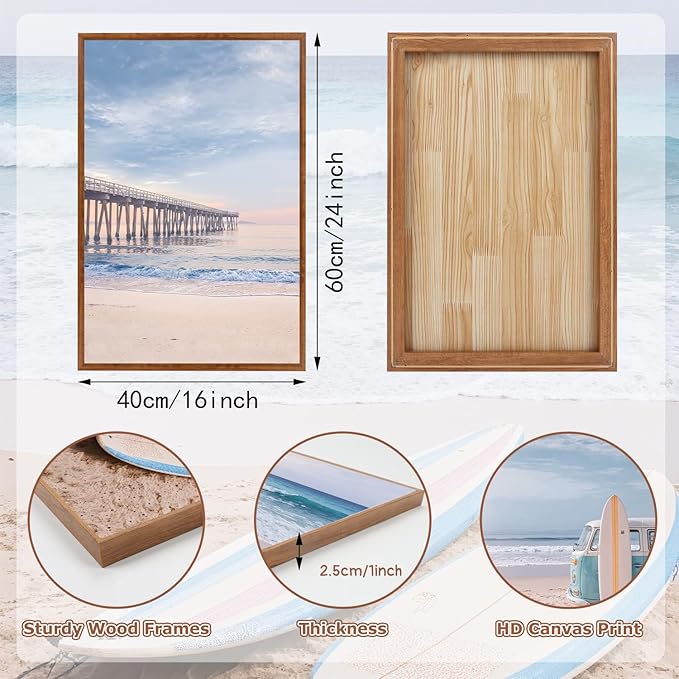 KAlRNE Coastal Beach Wall Art Set of 3(16’’X24’’),Framed Pastel Ocean Canvas Prints with Surfboards,Surf Prints,Neutral Retro Beachy Framed Art Decor for Living Room Bedroom Office