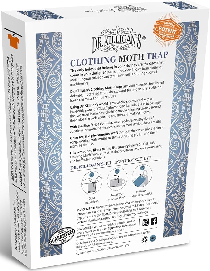 Dr. Killigan Premium Clothing Moth Traps with Pheromones Prime | Non-Toxic Clothes Moth Trap with Lure for Closets | Moth Killer Treatment & Prevention (6, White)