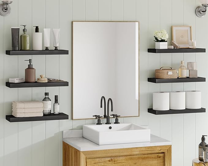 Fixwal Black Shelves, 15.7in Floating Shelves, Farmhouse Shelf Wall Decor for Bathroom, Bedroom, Living and Kitchen Set of 6