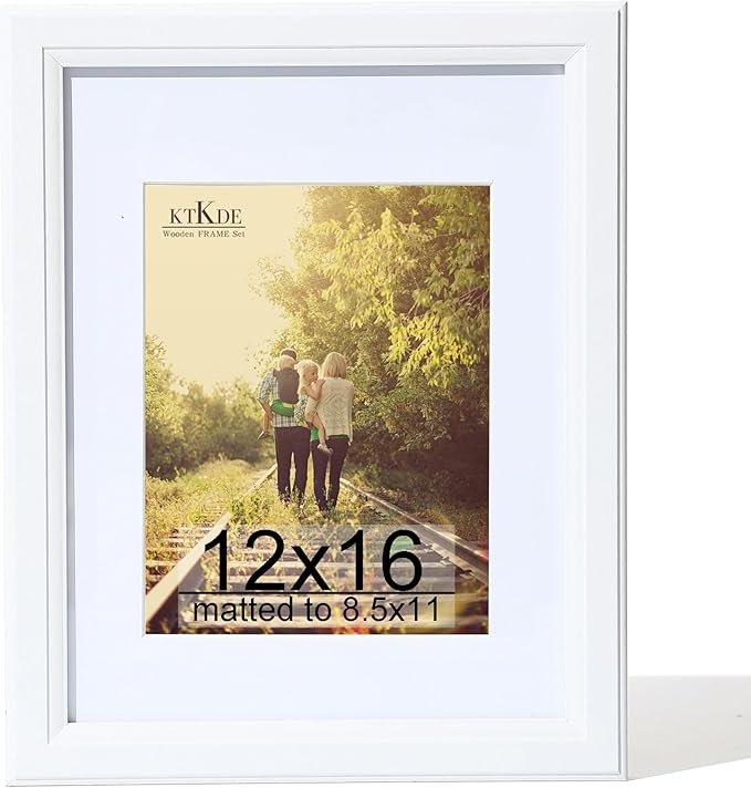 KTKDE 12x16 Picture Frame Real Glass,Poster frame Display Pictures 8.5x11 with Mat or 12x16 Without Mat, Modern Style Wood Composite Frame,Gallery Wall Frame Wooden White，best gift