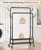 Homde Heavy Duty Clothes Rack: 265lb Rolling Double Rod Garment Hanging - Metal Coat Organizer Storage Display Shelf on Wheels for Bedroom Laundry