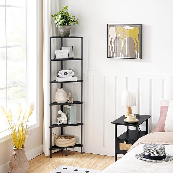 HOOBRO Corner Shelf Stand, Industrial 6-Tier Corner Bookshelf with Metal Frame, Bookcase, Plant Display Stand for Small Spaces, Living Room, Black BK36CJ01