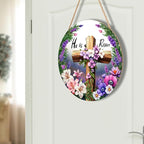 Harooni Easter Cross Sign, 12inch Bright/Vibrant Wooden Wall Mount Rustic Sign with 'He is Risen', Includes Twine, 12x12 inches