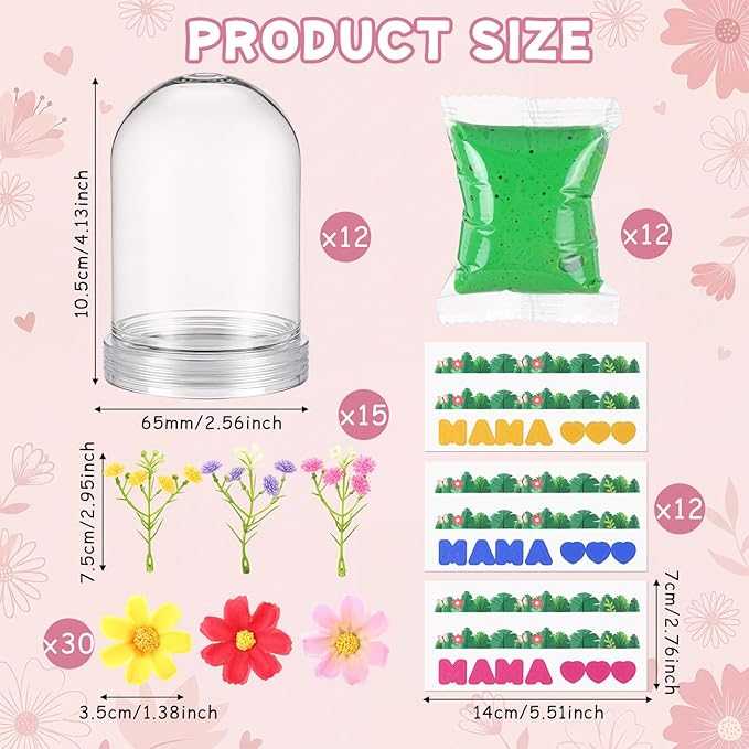 Newtay 12 Sets Mother's Day Flower Snow Globe Craft Kits with Artificial Flower Stickers Clay DIY Plastic Globe Kit Art Activity Project for Home Spring Party Supplies