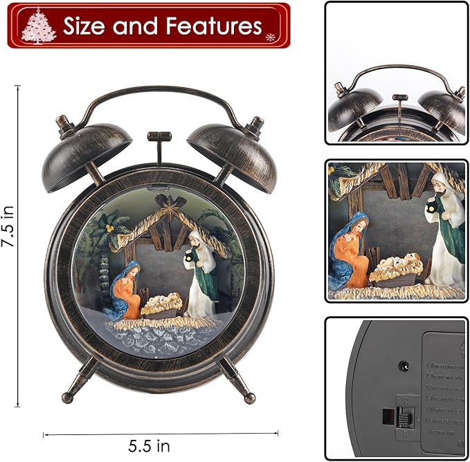 Kikth Red/Bronze Retro Plastic Lighted Musical Snow Globe, Alarm Clock Snow Globe 6H Timer, USB/Battery Operated Christmas Decorations Indoor (Nativity)
