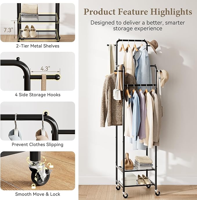 Chrislley Clothes Rack with Wheels, 71" Portable Clothing Rack with 2 Shelves and 4 Hooks, Small Rolling Garment Rack, 4 Hanging Rods Metal Coat Rack for Bedroom, Apartment, Entryway, Black