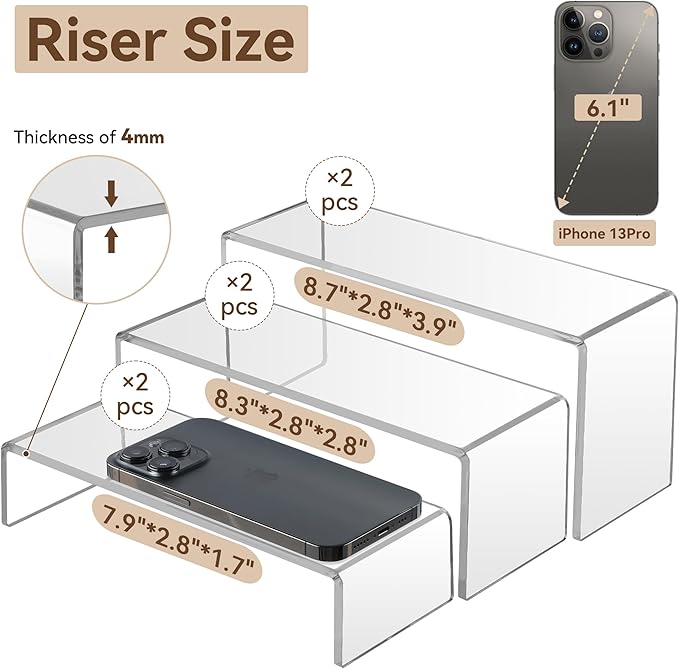 ANDGOO Display Risers, 6 Pcs(7.9”L~8.3”L~8.7”L) Rectangular Clear Acrylic Showcase Collectibles Display Stands Suitable for Retail Shoe Showcase Jewelry Funko Pop Figures