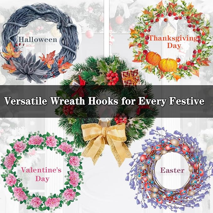 2 PCS Wreath Hangers for Front Door, 15" Wreath Hanger, Indoor or Outdoor Over The Door Wreath Hook Hanger for Easter Spring Halloween Xmas Wreath Decorations, Steel Material, 20lb Load Bearing（White）