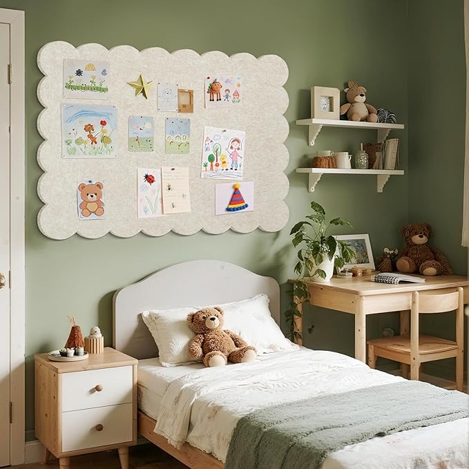 Lightomorrow Scalloped Bulletin Board, 48 x 36 Inches Felt Pin Board - Decorative Cork Alternative for Wall, Foldable Picture Self-Adhesive Vision Prayer Board with 20 Pushpins - Oatmeal