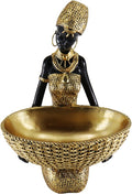 Lescafita Handmade African Seated Woman Sculpture - Gold Tribal Figure Holding Basket, Resin Home Decor for Shelf/Table, Unique Cultural Gift (9" H)