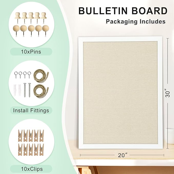 DOLLAR BOSS Cork Board Bulletin Board with Linen Double-Sided 30" x 20" Linen Corkboards for Walls Picture Display Vision Board for Office Home School Framed Picture Pin Board, 20 Pushpins 10 Clips