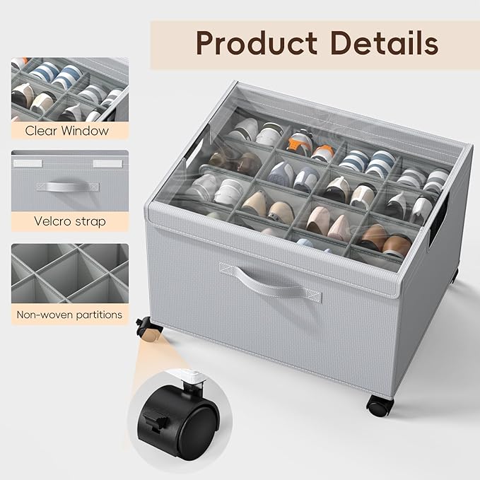 HOUSE AGAIN Shoe Organizer for Closet, Foldable Shoe Storage Organizer Box with Wheels and Adjustable Dividers, Sturdy Metal Frame Fits up to 16-32 Pairs, Large Shoes Storage with Clear Cover