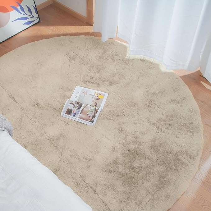 Camel Plush Shag Faux Rabbit Washable Fuzzy Fur Rugs for Living Room Bedroom Kids Circle Small Nursery Area Rug Round Rug 3ft