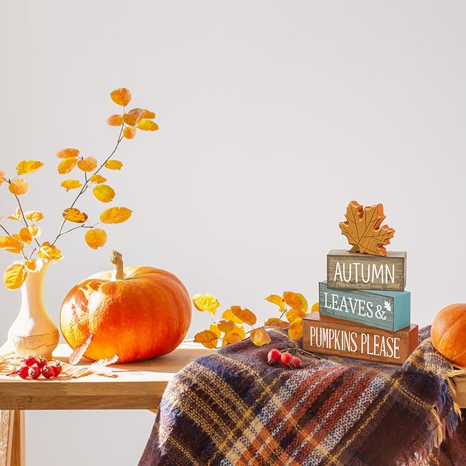 Lineshading 4 Pcs Fall Decorations for Home Thanksgiving Decor Wooden Maple Leaf Fall Table Centerpiece Autumn Tiered Tray Rustic Wood Maple Leaf Block Sign Farmhouse for Home Kitchen Shelf