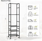 Narrow Clothes Rack with 3 Shelves, Heavy-duty Garment Rack with Wheels, Display Clothing Racks for Hanging Clothes for Small Space, Entryway, Hallway, Bedroom, Office, Living Room, Black