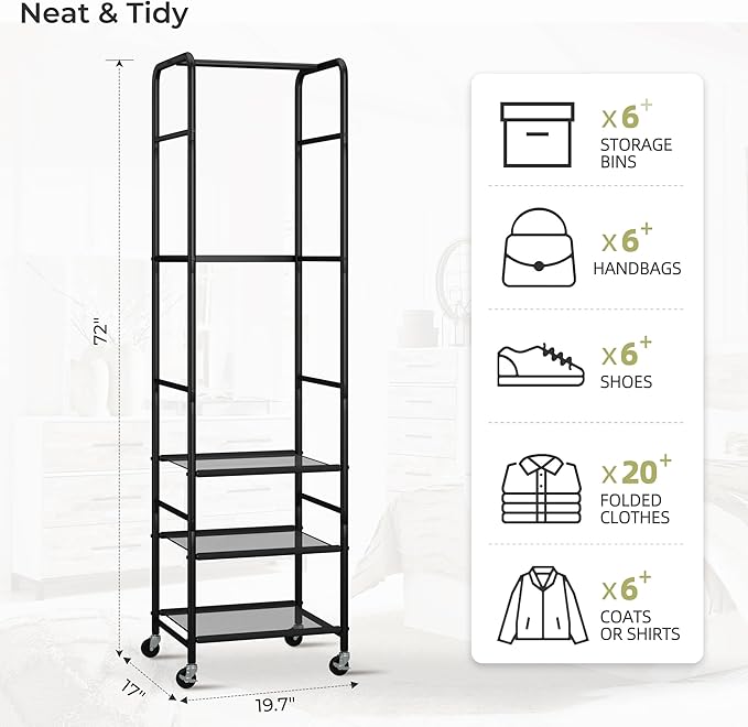 Narrow Clothes Rack with 3 Shelves, Heavy-duty Garment Rack with Wheels, Display Clothing Racks for Hanging Clothes for Small Space, Entryway, Hallway, Bedroom, Office, Living Room, Black