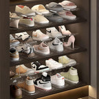6Pack Shoe Slots Organizer and 6Pcs Shoe Storage Bags Set, Adjustable Double Layer Stack Shoe Space Saver Holder, 50% Space-Saving White Plastic Thickening Shoe Rack for Closet Organization