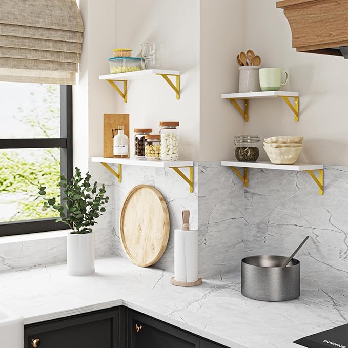 YGEOMER White Shelves for Wall, Different Sizes Wall Floating Shelves for Living Room, Bathroom, Bedroom, Kitchen, Home Decor (Set of 4)