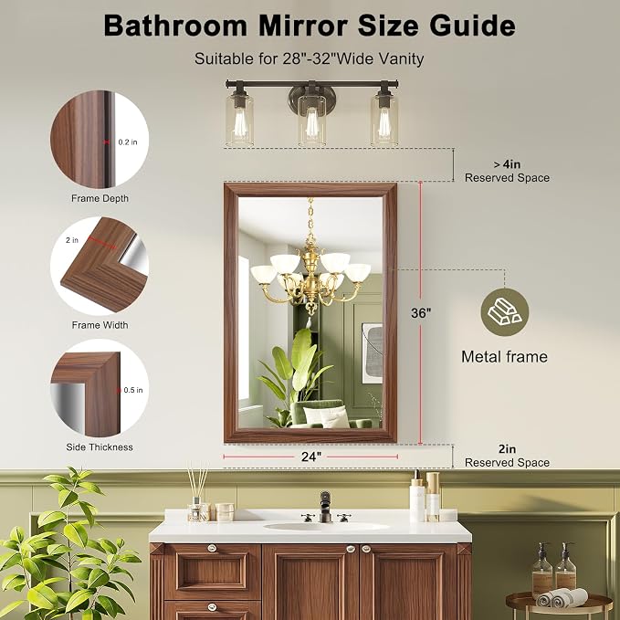 Bathroom Mirror for Over Sink,24x36Inch Thick Anti-Rust Wood Grain Metal Frame, Rectangle Decorative Wall Mirror with HD Tempered Glass, Horizontal or Vertical Mount for Vanity, Bathroom,Living Room