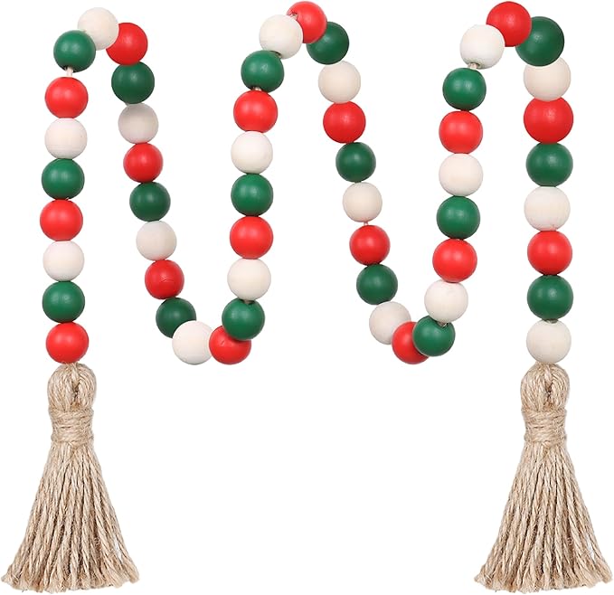 Christmas Wood Bead Garland,39in Farmhouse Beads with Tassels Tiered Tray Decor Wall Hanging Home Ornaments for Christmas Tree Decorations