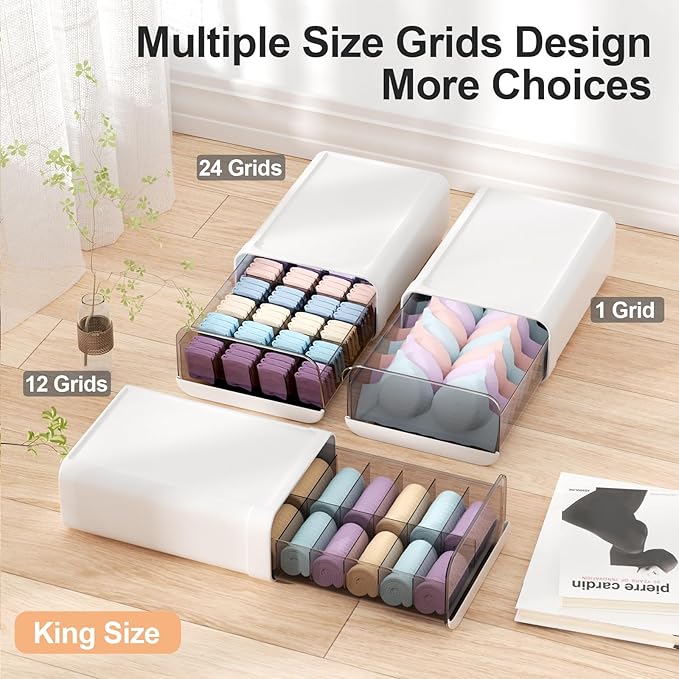 Underwear Organizer Drawer, 12 Cells Plastic Sock Underwear Storage Drawer, Stackable Closet Organizers and Storage Box for Bras, Socks, Scarves, Ties, Belt (King Size-White, 1 Pcs)