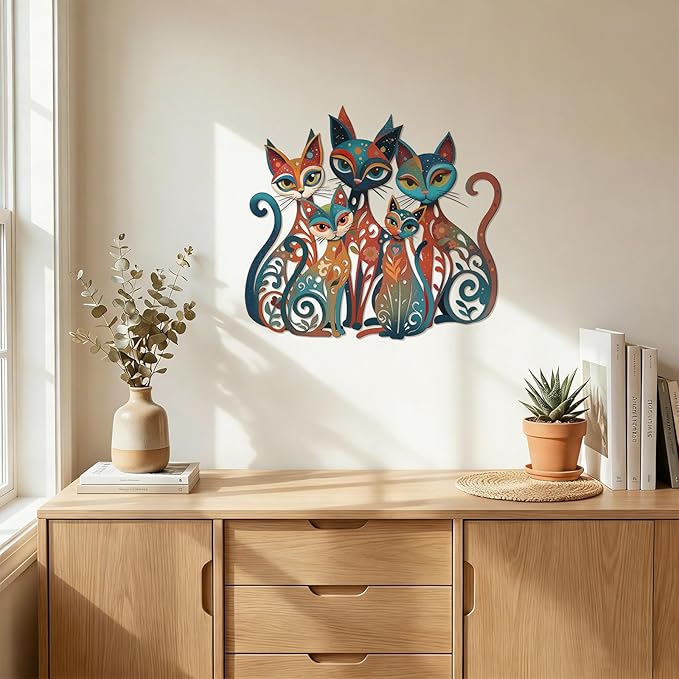 Wesiti Cat Wall Art Decor Iron Wall Sculptures Decor for Cats Lover 13.58 x 12.40 Inches Colorful Mid Century Cat Retro Signs for Home Living Room Bedroom Kitchen Office(Timeless)