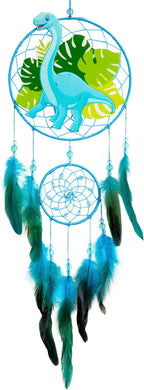 Basumee Dream Catcher for Kids Feather Dream Catchers Handmade Home Decor Wall Hanging with Double Ring for Nursery Bedroom Boys Room, Light Blue Dinosaur
