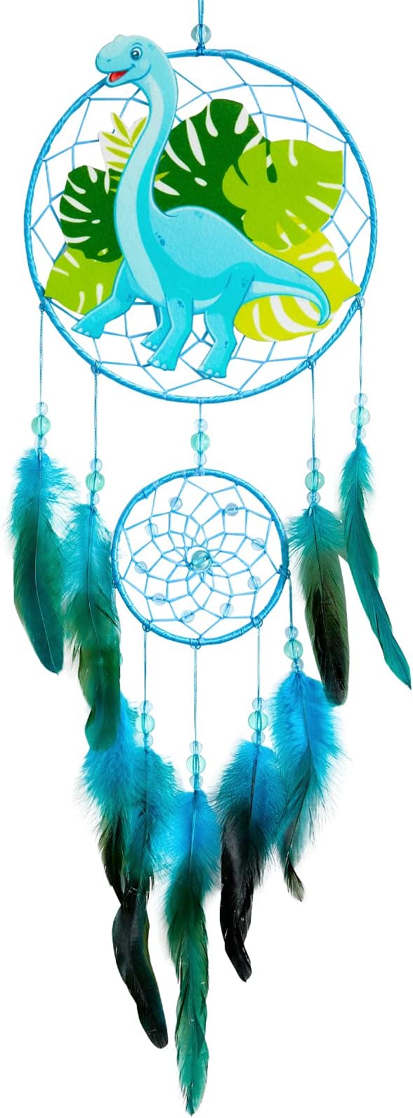 Basumee Dream Catcher for Kids Feather Dream Catchers Handmade Home Decor Wall Hanging with Double Ring for Nursery Bedroom Boys Room, Light Blue Dinosaur