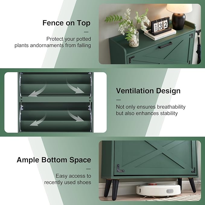 Shoe Storage Cabinet,Farmhouse Shoe Organizer with 2 Flip Drawers & Barn Door Design,Freestanding Hidden Slim Narrow Shoe Rack Cabinet for Entryway,Foyer,Hallway,Green