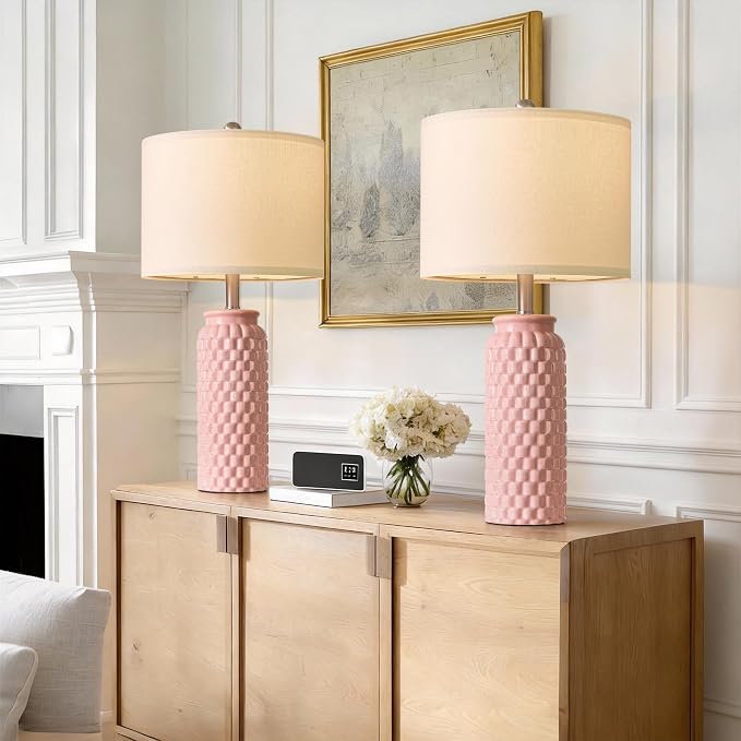 USumkky 24" Modern Ceramic Pink Bedside Lamp Set of 2 Table Lamp for Bedroom Decor Farmhouse Table Lamp for Living Room Office Dorm