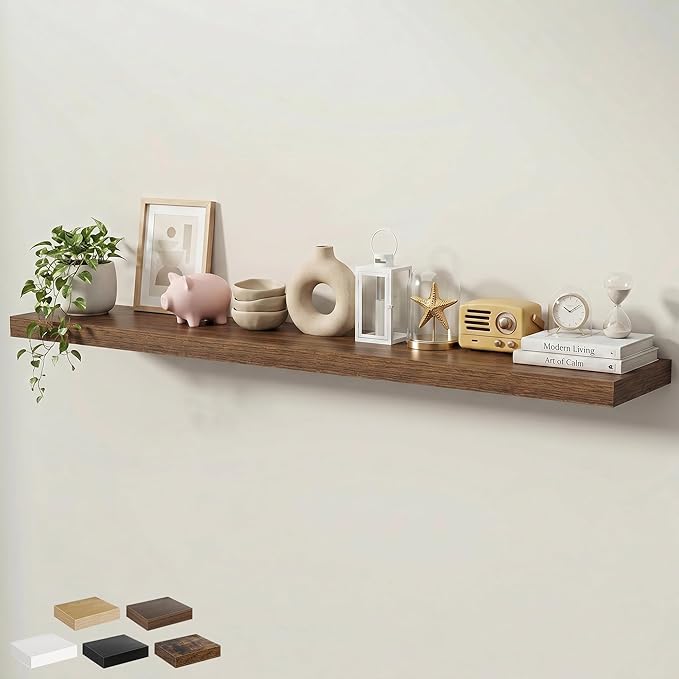 Floating Shelves for Wall 72 in x 9.3 in Deep, Wall Mounted Rustic Wood Shelf with Invisible Brackets for Storage & Display, Living Room Bedroom Bathroom, Walnut, 1 Pack