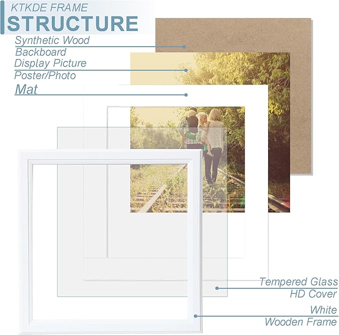KTKDE 8x8 Picture Frame Real Glass, Display Pictures 4x4 with Mat or 8x8 Without Mat, Modern Style Wood Composite Frame,White Gallery Wall Frame & Table Top Display，best gift