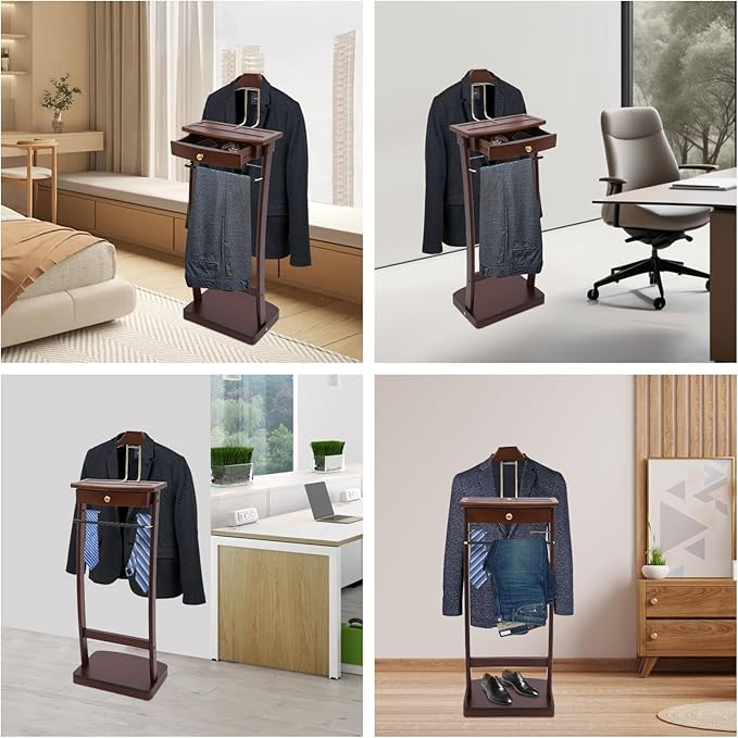 Clothes Valet Stand, Freestanding Wood Suit Stand w/ Drawer & Compartment, Contour Hanger, Trouser Bar, Belt Hooks, Shoe & Accessory Storage Rack for Home, Hotel, Office, 17.32*11.81*44.09in Walnut