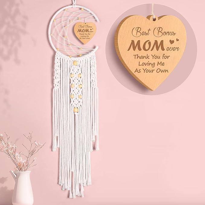 Bonus Mom Gift from Daughter Son for Mothers Day Birthday Gift Boho Moon Dreamcatcher with Heart Pendant Ideas for Home Wall Decor Hanging Decoration (Best Bonus Mom Ever)