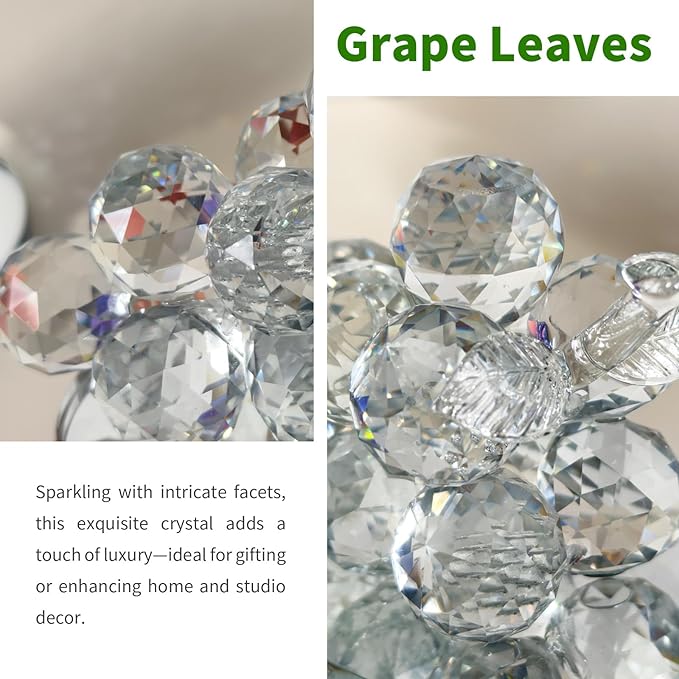 Grape Cluster Crystal Decor Sculpture, Sparkling High-Transparency Faceted Design, Luxurious High-End Crystal with Mirror Base, Elegant Home/Office Display, Gift for Collectors & Fruit Lovers (White)